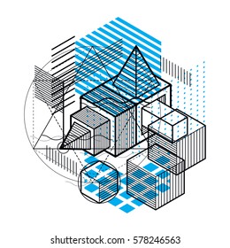 Abstract background with isometric lines, vector illustration. Template made with cubes, hexagons, squares, rectangles and different abstract elements.