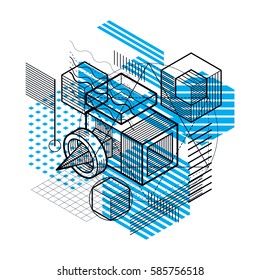 Abstract background with isometric lines, vector illustration. Template made with cubes, hexagons, squares, rectangles and different abstract elements.