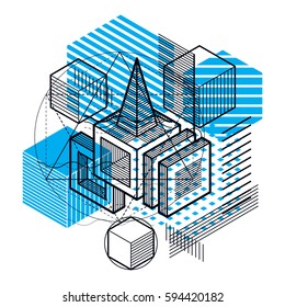 Abstract background with isometric lines, vector illustration. Template made with cubes, hexagons, squares, rectangles and different abstract elements.