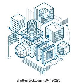 Abstract background with isometric lines, vector illustration. Template made with cubes, hexagons, squares, rectangles and different abstract elements.