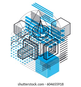 Abstract background with isometric lines, vector illustration. Template made with cubes, hexagons, squares, rectangles and different abstract elements.