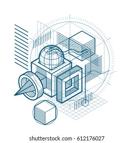 Abstract background with isometric lines, vector illustration. Template made with cubes, hexagons, squares, rectangles and different abstract elements.