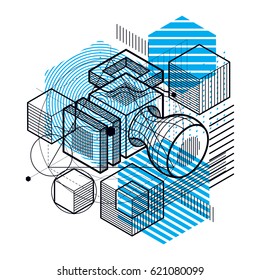 Abstract background with isometric lines, vector illustration. Template made with cubes, hexagons, squares, rectangles and different abstract elements.
