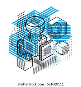 Abstract background with isometric lines, vector illustration. Template made with cubes, hexagons, squares, rectangles and different abstract elements.