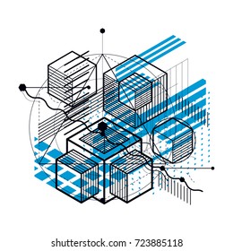 Abstract background with isometric lines, vector illustration. Template made with cubes, hexagons, squares, rectangles and different abstract elements.