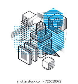 Abstract background with isometric lines, vector illustration. Template made with cubes, hexagons, squares, rectangles and different abstract elements.