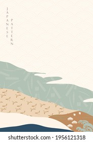 Abstract background with Japanese pattern vector. natural mountain template with hand draw wave and bamboo icon in vintage style.