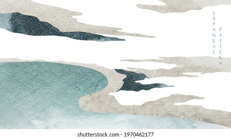 Abstract background with Japanese pattern vector. Watercolor texture banner design with natural landscape template in vintage style.