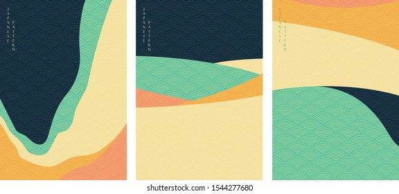 Abstract background with Japanese wave pattern vector. Colorful wavy template with geometric elements. Blue, green, orange and yellow poster design.