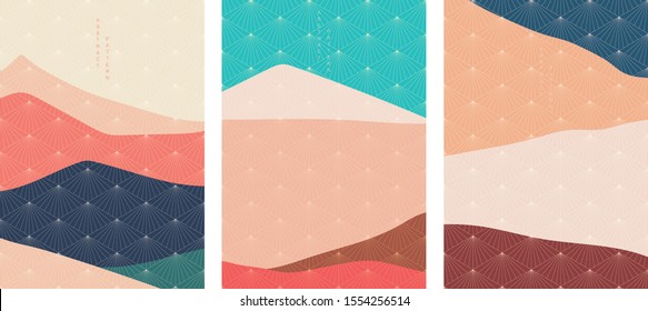 Abstract background with Japanese wave pattern. Geometric wallpaper. Grunge texture. Landscape and Mountain template. Sea in sunset.