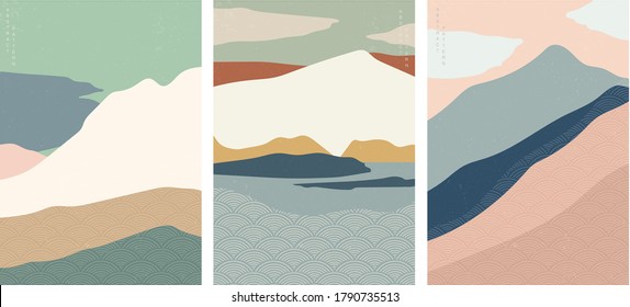 Abstract background with Japanese wave pattern vector. Natural landscape template. Chinese graphics in adventure concept.