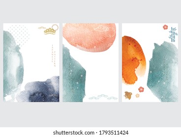 Abstract background with Japanese wave pattern and icon vector. Watercolor texture template in Asian style.