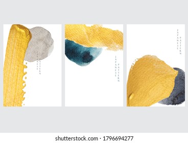 Abstract background with Japanese wave pattern and icon vector. Gold element with watercolor texture template in Asian style.