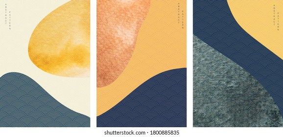 Abstract background with Japanese wave pattern vector. Landscape template. Watercolor texture elements