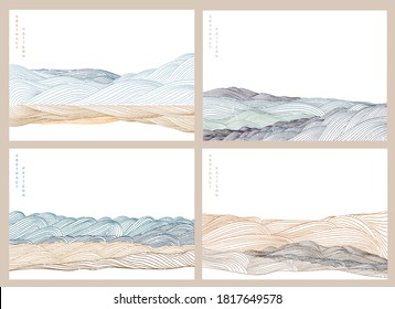 Abstract background with Japanese wave pattern vector. Line elements with art landscape postcard in oriental style