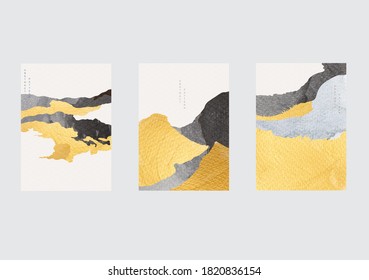 Abstract background with Japanese wave pattern vector. Cloud  elements with gold foil and black watercolor texture in oriental template.