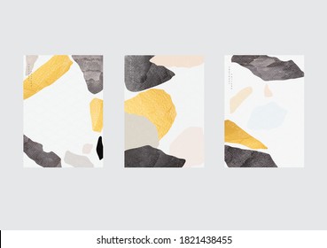 Abstract background with Japanese wave pattern vector. Stone elements with gold foil and black watercolor texture in oriental template.