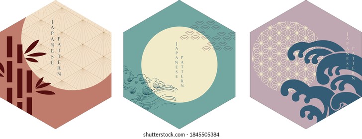 Abstract background with Japanese wave and pattern vector. Geometric template with Asian icons in banner design. ฺBamboo and wave elements.