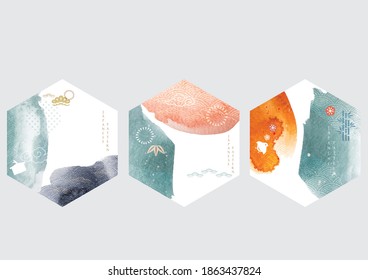 Abstract background with Japanese wave pattern and icon vector. Watercolor texture template in Asian style. Bonsai, bamboo, bird and cherry blossom flower symbol.