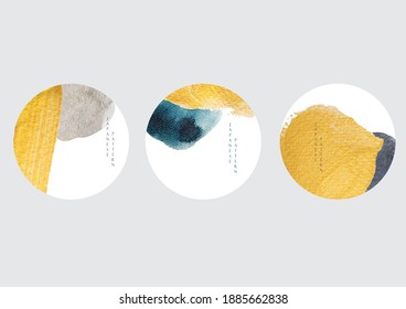 Abstract background with Japanese wave pattern and icon vector. Gold element with watercolor texture template in vintage style.