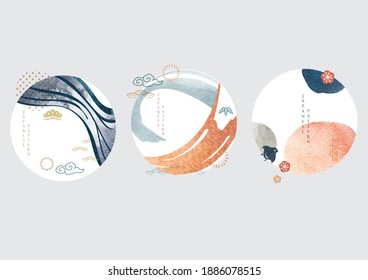 Abstract background with Japanese wave pattern and icon vector. Watercolor texture template with circle shape in oriental style.