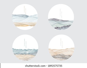 Abstract background with Japanese wave pattern vector. Line elements with art landscape postcard in retro style