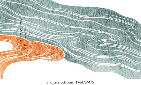 Abstract background with Japanese wave pattern vector. Watercolor texture banner with art hand draw ocean template in vintage style.