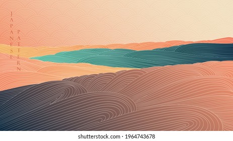 Abstract background with Japanese wave pattern vector. Hand draw line  texture banner with art landscape template in vintage style.