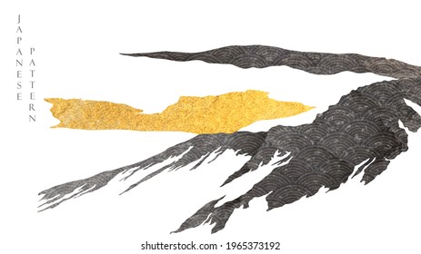 Abstract background with Japanese wave pattern vector. Gold and black texture banner with mountain landscape template in vintage style.