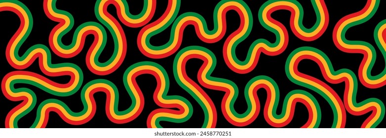 Abstract background for Juneteenth. Colored wavy lines flow into a random pattern, creating a bright and playful design on a black background. Juneteenth banner. Vector illustration.