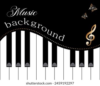 Abstract background with keys.Vector illustration with musical keys, treble clef and butterflies on a black and white background with text.