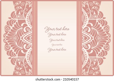 Abstract background, lace frame border pattern, wedding invitation card design, floral and geometric ornament, hand drawn artwork, vector illustration