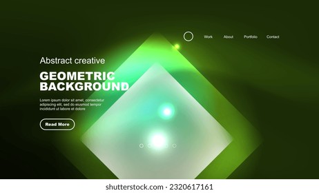 Abstract background landing page, geometric shape illuminated with glowing neon light on dark background. Futuristic city lights concept