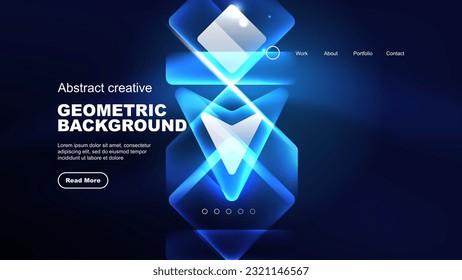 Abstract background landing page, geometric shape illuminated with glowing neon light on dark background. Futuristic city lights concept