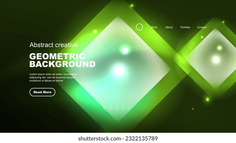 Abstract background landing page, geometric shape illuminated with glowing neon light on dark background. Futuristic city lights concept