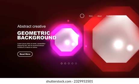 Abstract background landing page, geometric shape illuminated with glowing neon light on dark background. Futuristic city lights concept