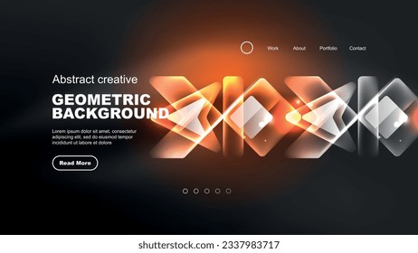 Abstract background landing page, geometric shape illuminated with glowing neon light on dark background. Futuristic city lights concept