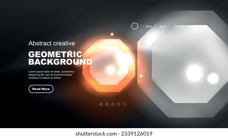 Abstract background landing page, geometric shape illuminated with glowing neon light on dark background. Futuristic city lights concept