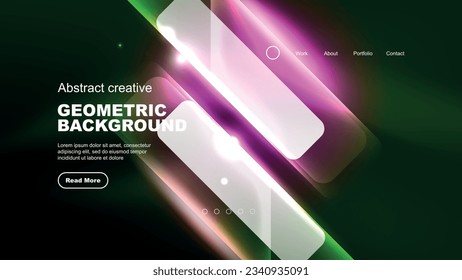 Abstract background landing page, geometric shape illuminated with glowing neon light on dark background. Futuristic city lights concept