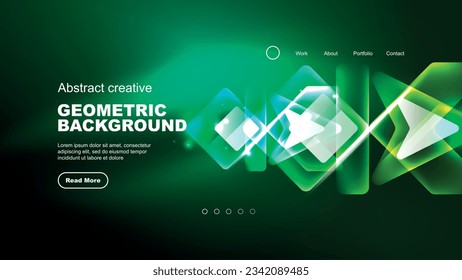 Abstract background landing page, geometric shape illuminated with glowing neon light on dark background. Futuristic city lights concept