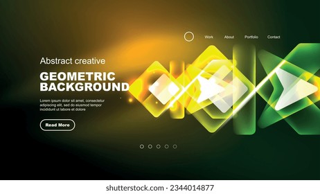 Abstract background landing page, geometric shape illuminated with glowing neon light on dark background. Futuristic city lights concept