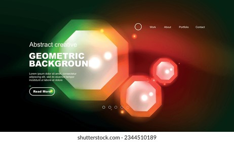 Abstract background landing page, geometric shape illuminated with glowing neon light on dark background. Futuristic city lights concept