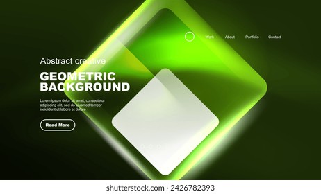 Abstract background landing page, geometric shape illuminated with glowing neon light on dark background. Futuristic city lights concept