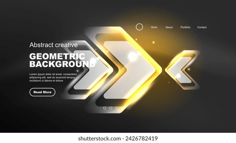 Abstract background landing page, geometric shape illuminated with glowing neon light on dark background. Futuristic city lights concept