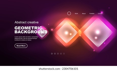 Abstract background landing page, glass geometric shapes with glowing neon light reflections, energy effect concept on glossy forms