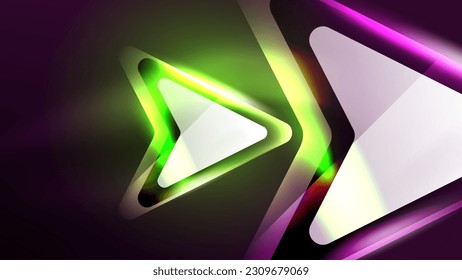 Abstract background landing page, glass geometric shapes with glowing neon light reflections, energy effect concept on glossy forms