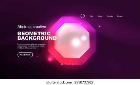 Abstract background landing page, glass geometric shapes with glowing neon light reflections, energy effect concept on glossy forms