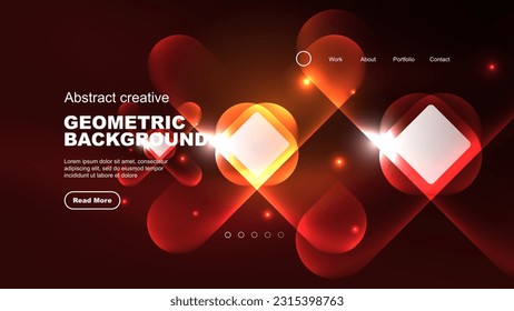 Abstract background landing page, glass geometric shapes with glowing neon light reflections, energy effect concept on glossy forms