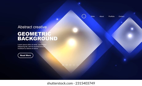Abstract background landing page, glass geometric shapes with blue glowing neon light reflections, energy effect concept on glossy forms