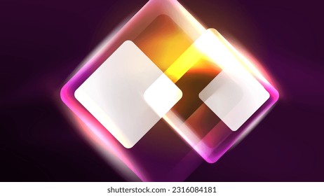 Abstract background landing page, glass geometric shapes with glowing neon light reflections, energy effect concept on glossy forms